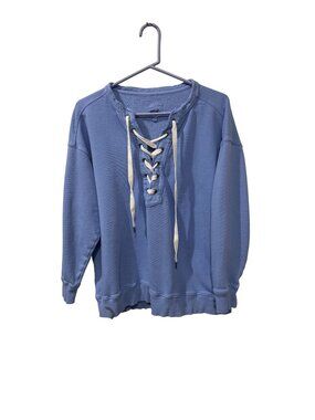Aerie Oversized Lace-Up Blue Pullover Sweatshirt S Long Sleeve  Casual Wear